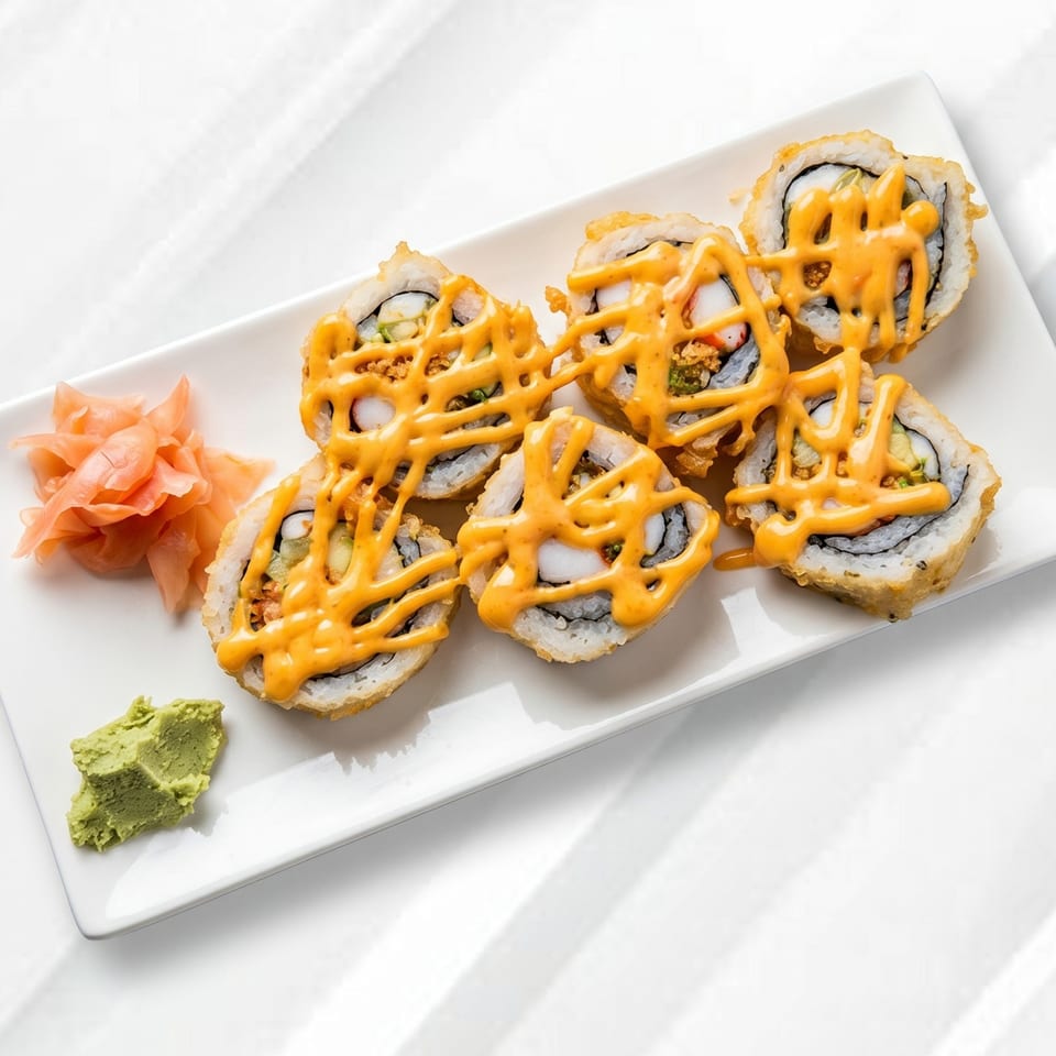 Fried sushi rolls drizzled with orange sauce, served with pickled ginger and wasabi on a white plate.