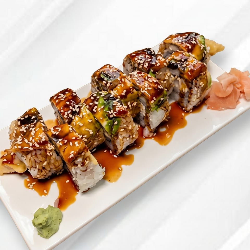 Dragon sushi roll with eel, avocado, sesame seeds, and sweet soy glaze, served with wasabi and ginger.