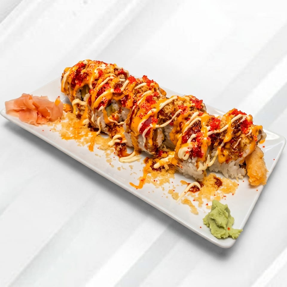 A long sushi roll with orange and white sauces, red roe, and tempura flakes.