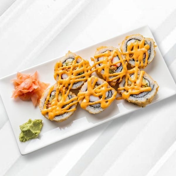 Tempura sushi rolls drizzled with orange sauce, served with pickled ginger and wasabi on a white plate.