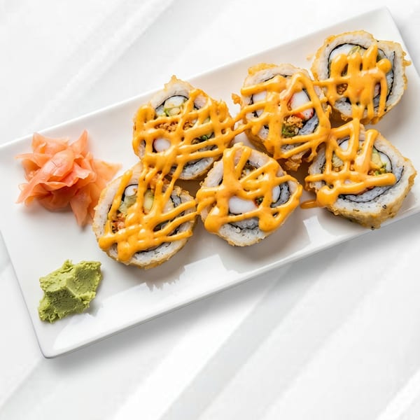 Fried sushi rolls drizzled with orange sauce, served with pickled ginger and wasabi on a white plate.