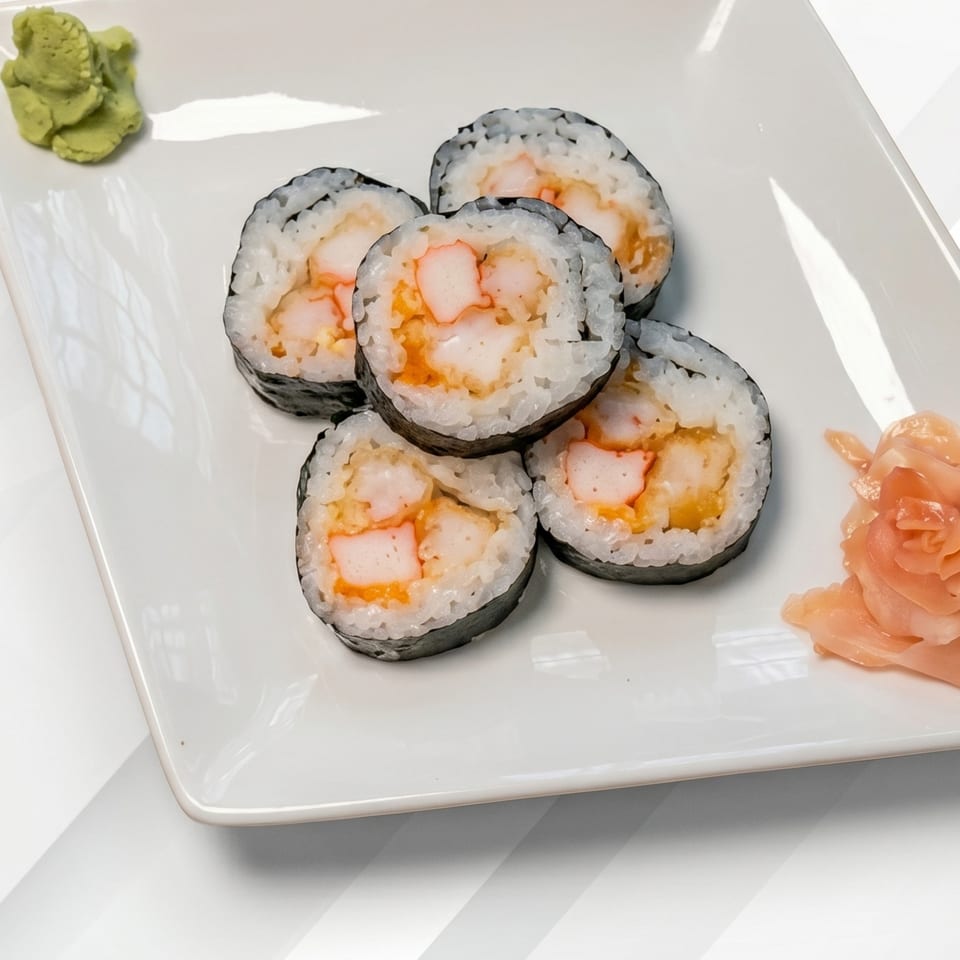 Five sushi rolls with shrimp and crab, served with wasabi and ginger on a white plate.