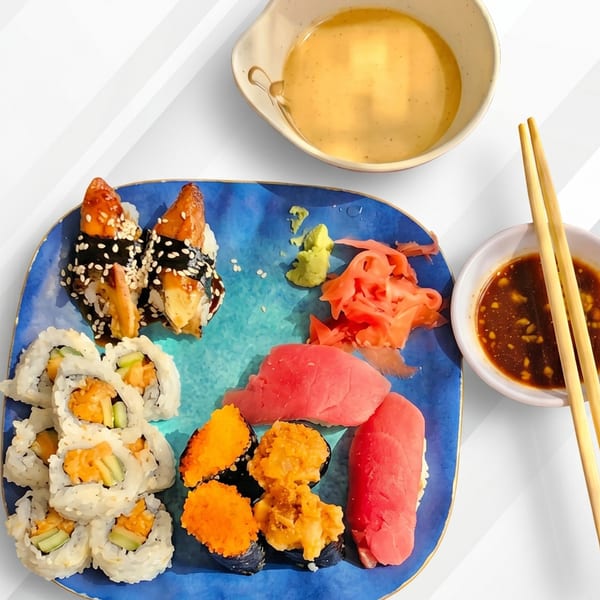 A blue plate with various sushi rolls, nigiri, ginger, wasabi, and two dipping sauces.