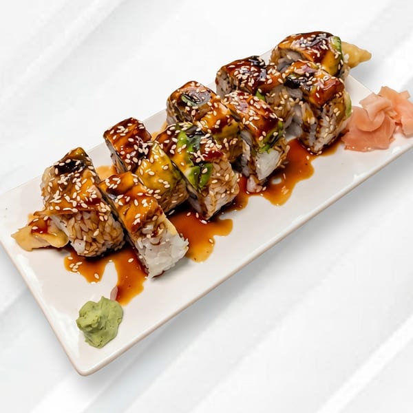 Dragon sushi roll with eel, avocado, sesame seeds, and sweet sauce, served with wasabi and ginger.