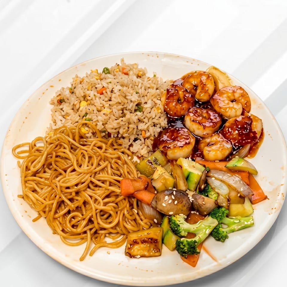 Hibachi shrimp with fried rice, noodles, and mixed vegetables on a white plate.