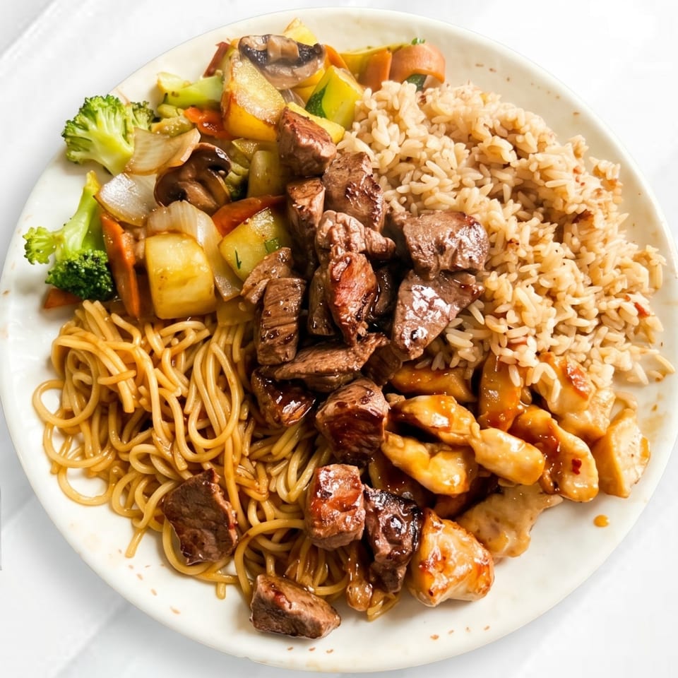 A plate of hibachi-style food with steak, chicken, noodles, rice, and mixed vegetables.