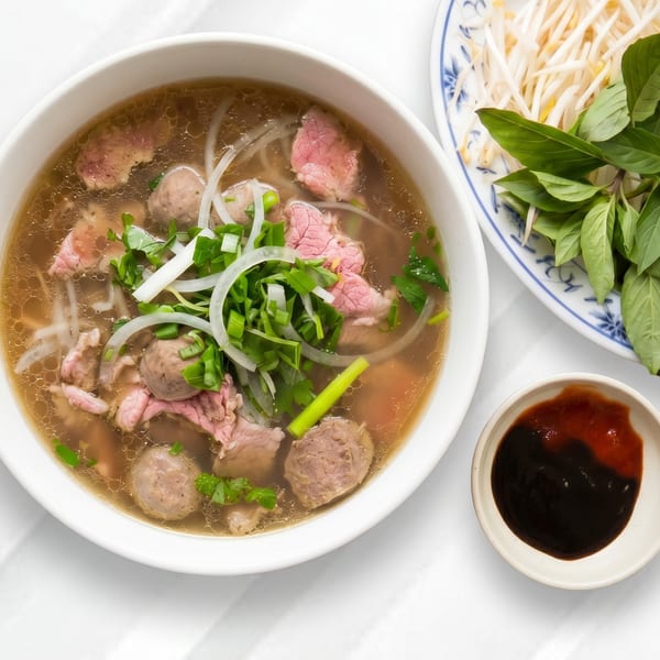 A bowl of pho with beef, noodles, and broth, served with bean sprouts, basil, and sauces.