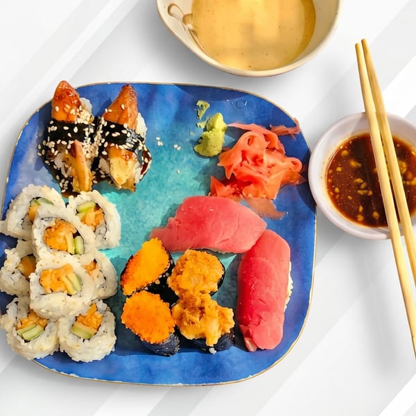 Assorted sushi on a blue plate with wasabi, ginger, and two dipping sauces with chopsticks.