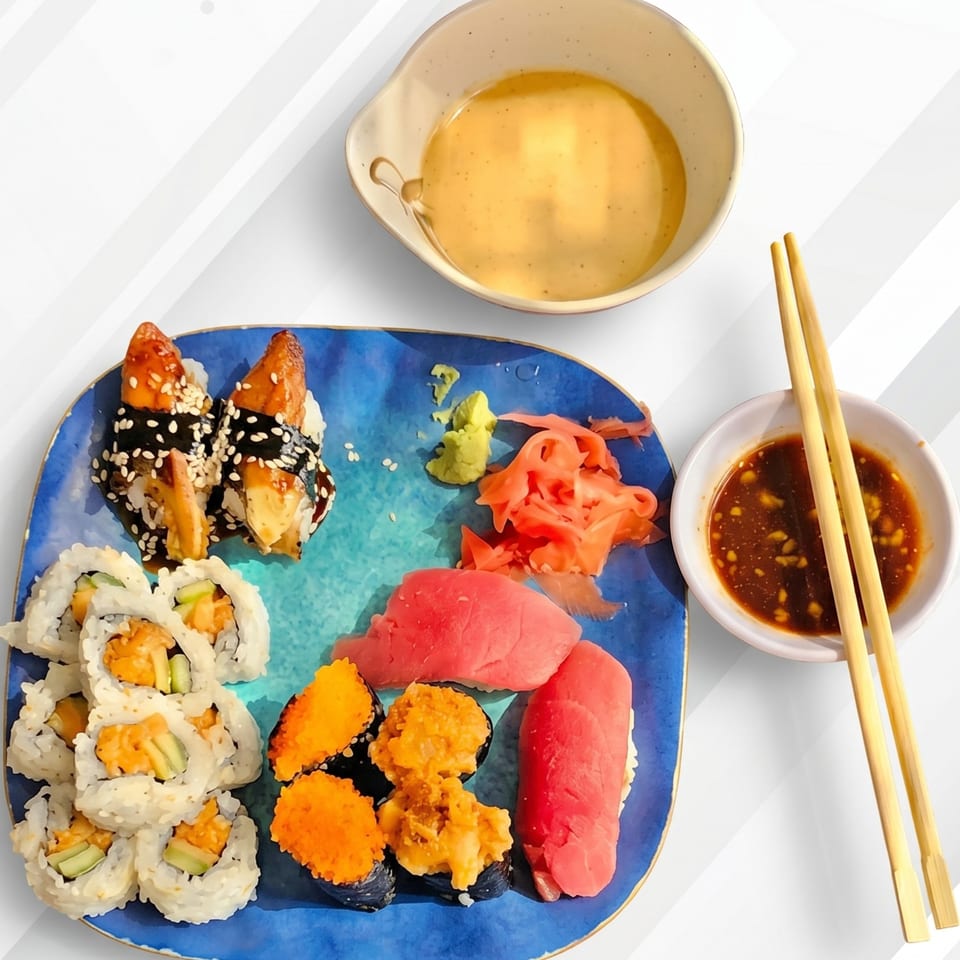 Assorted sushi rolls, nigiri, and sashimi on a blue plate with dipping sauces and chopsticks.
