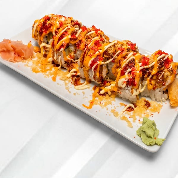 Sushi roll with orange and white sauce, red roe, and tempura flakes, served with ginger and wasabi.