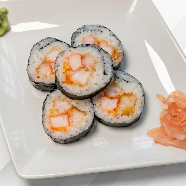 Five pieces of sushi with crab and tempura, served with wasabi and pickled ginger.