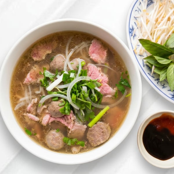 A bowl of pho with beef, meatballs, noodles, and herbs, with bean sprouts and sauce on the side.