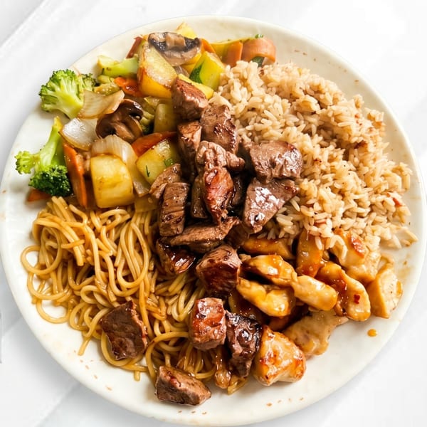 A white plate holds a hibachi meal with steak, chicken, noodles, rice, and mixed vegetables.