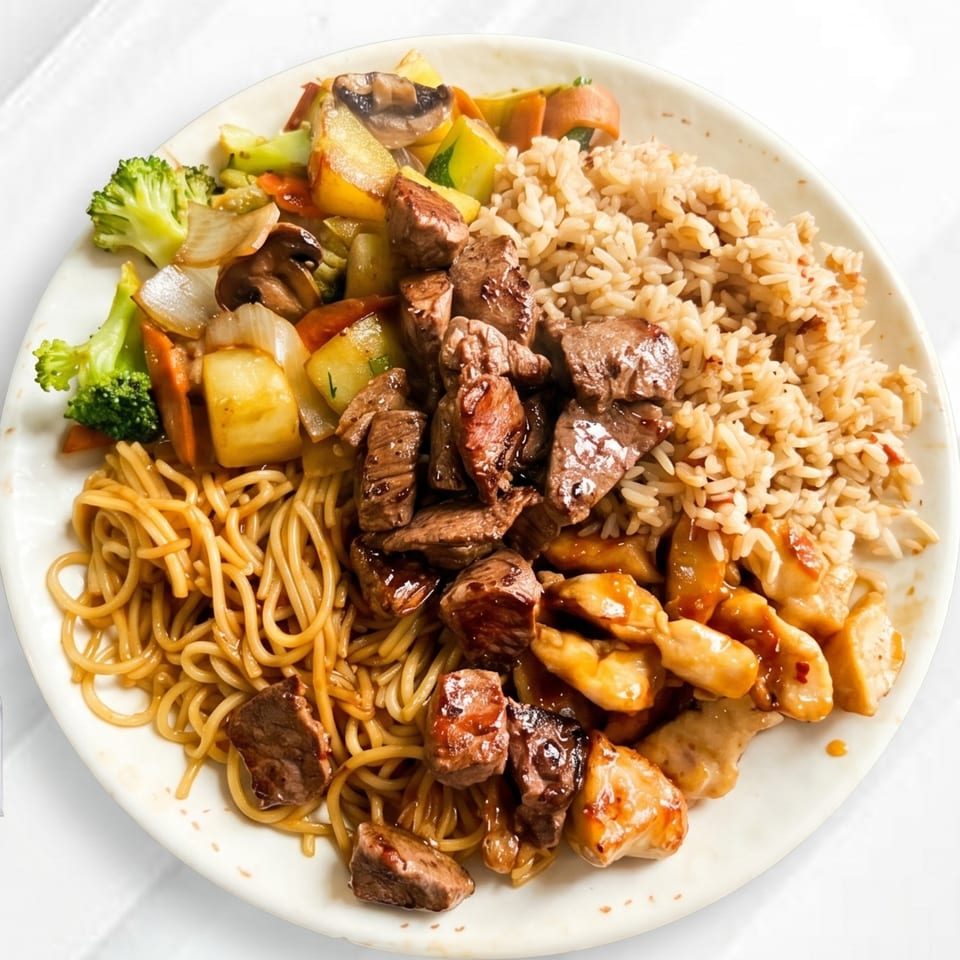 A white plate holds a hibachi meal with steak, chicken, noodles, rice, and mixed vegetables.