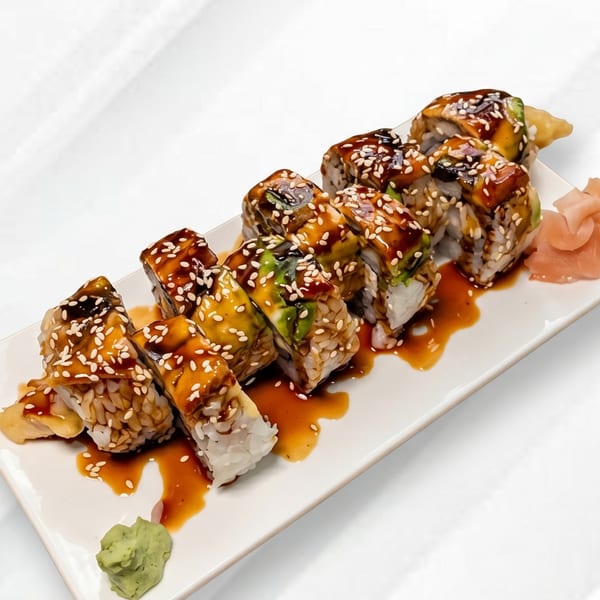 Dragon roll sushi with eel, avocado, sesame seeds, and sweet sauce, served with wasabi and ginger.